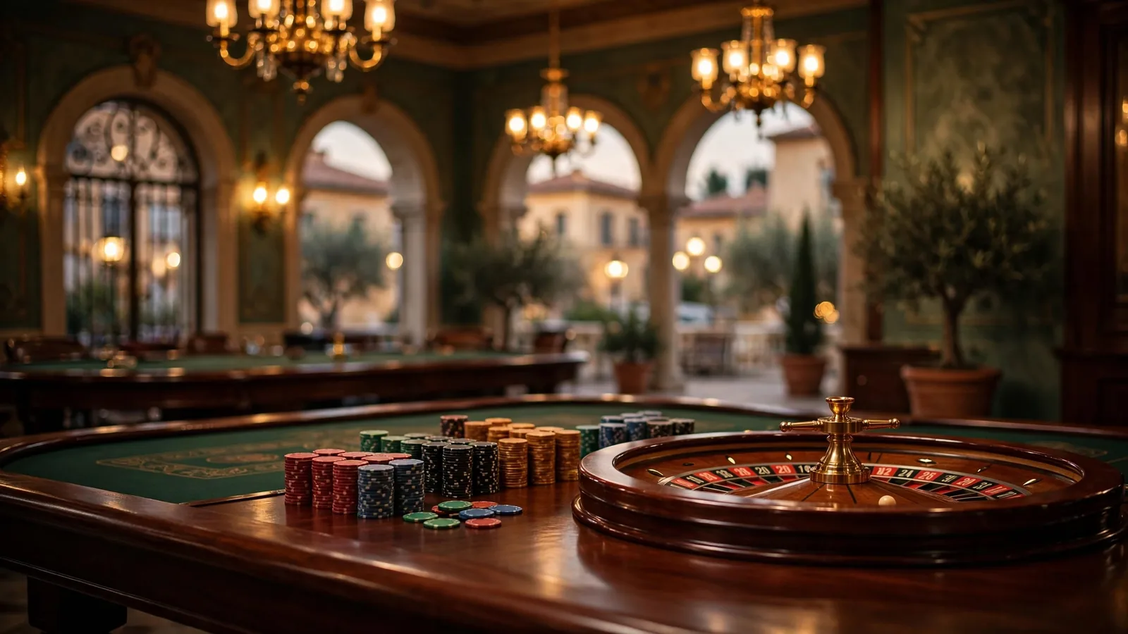 Interior elegante de casino europeo con mesa de ruleta y fichas de colores