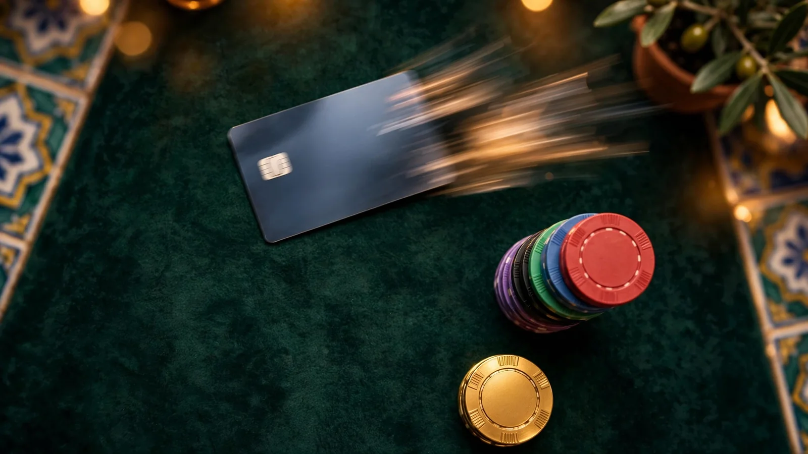 Tarjeta de crédito brillante junto a fichas de casino sobre una mesa de fieltro verde