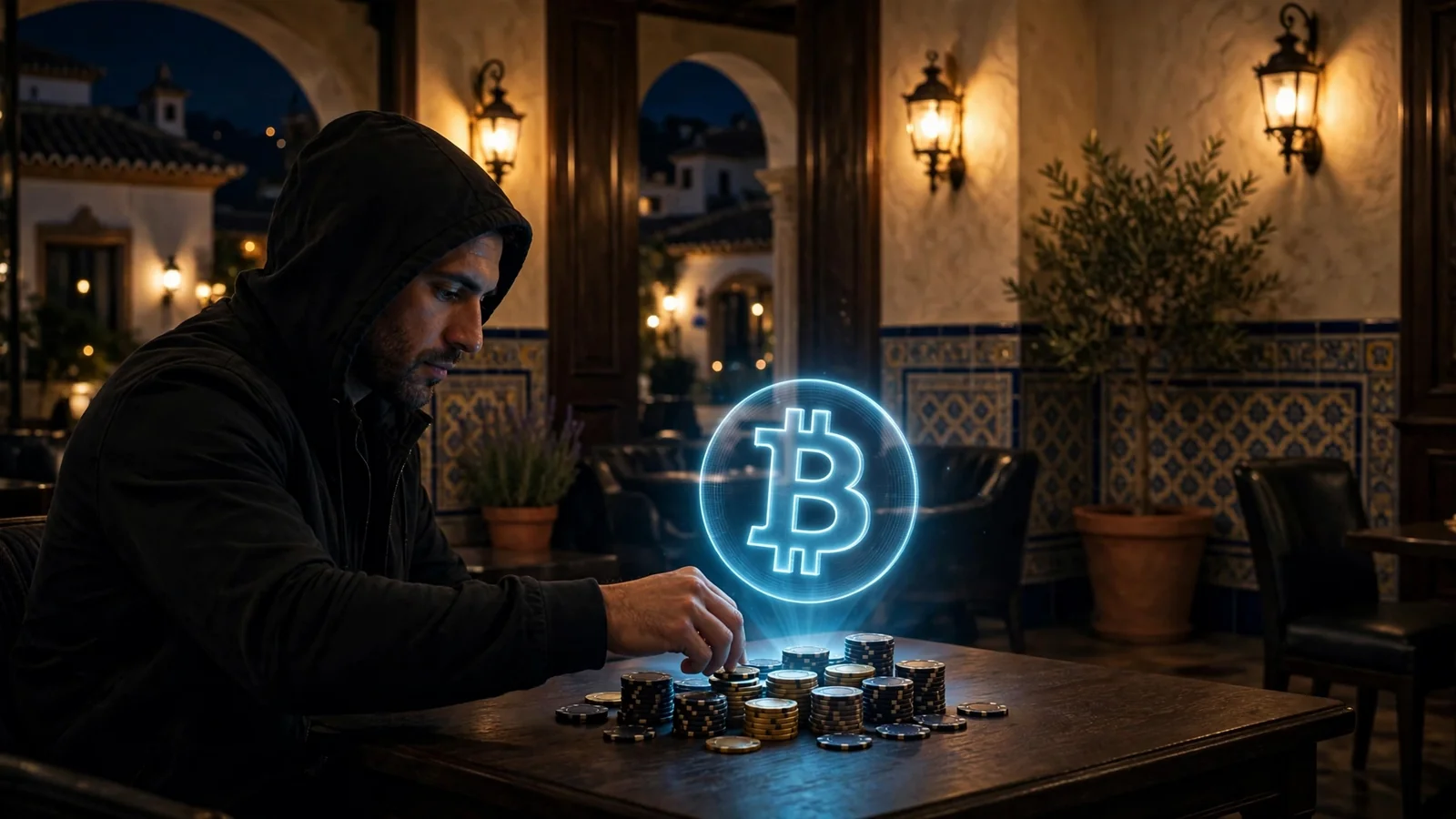 Hombre encapuchado con fichas de casino y símbolo holográfico de Bitcoin en mesa iluminada