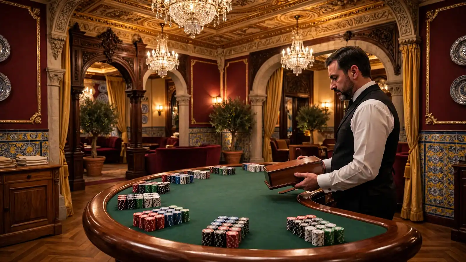 Elegante sala de casino español con luces cálidas, fichas de colores y una mesa de bacará preparada