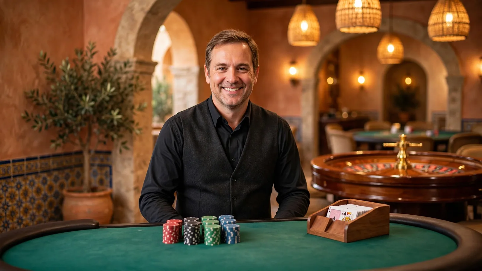 Crupier profesional en mesa de blackjack en estudio de casino en vivo