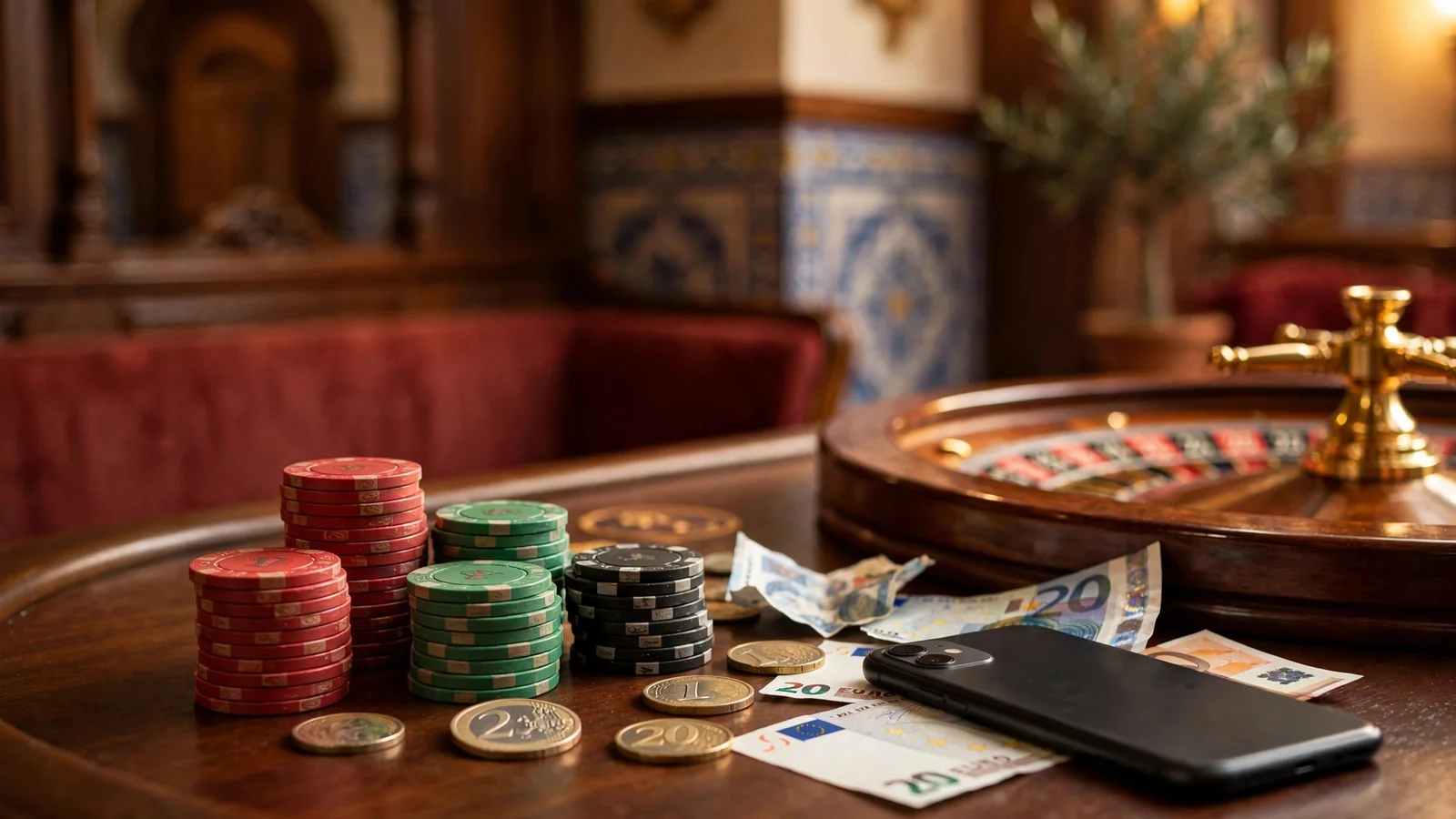 Mesa de casino con fichas, ruleta y monedas de euro en ambiente español