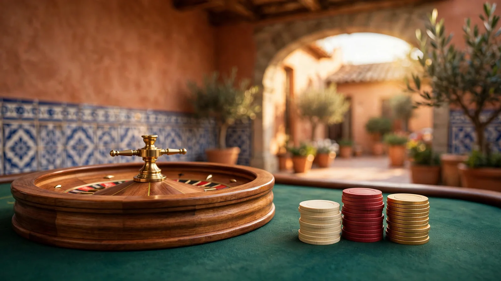 Ruleta de casino elegante con fichas sobre mesa de fieltro verde y azulejos españoles al fondo