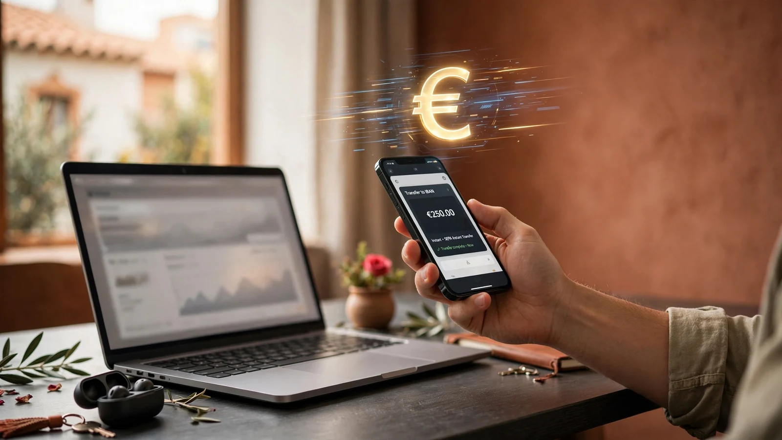 Mano sosteniendo un smartphone con símbolo de euro brillante sobre un escritorio moderno, representando retiro instantáneo.