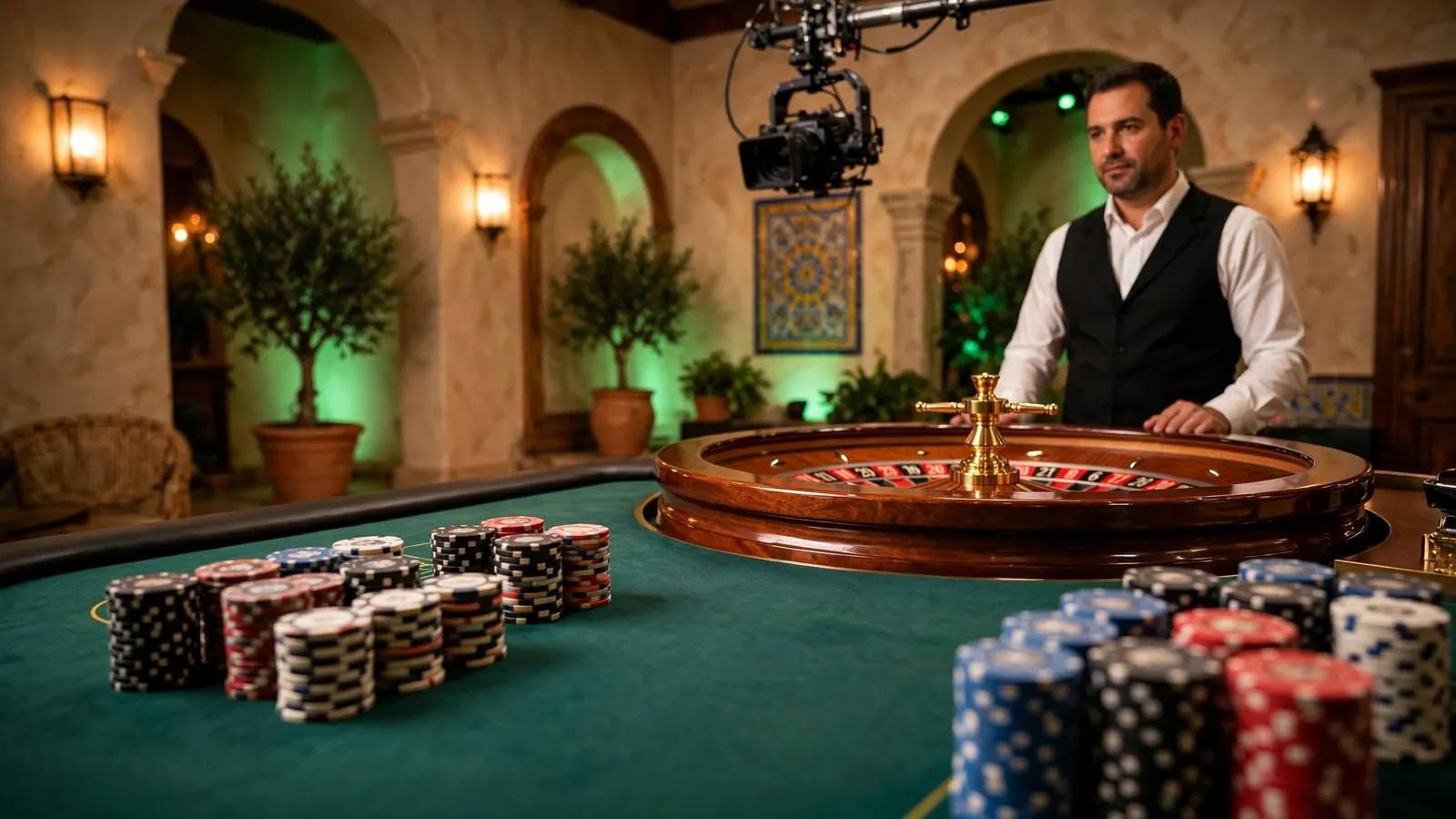 Crupier profesional junto a una mesa de ruleta en vivo en un estudio elegante
