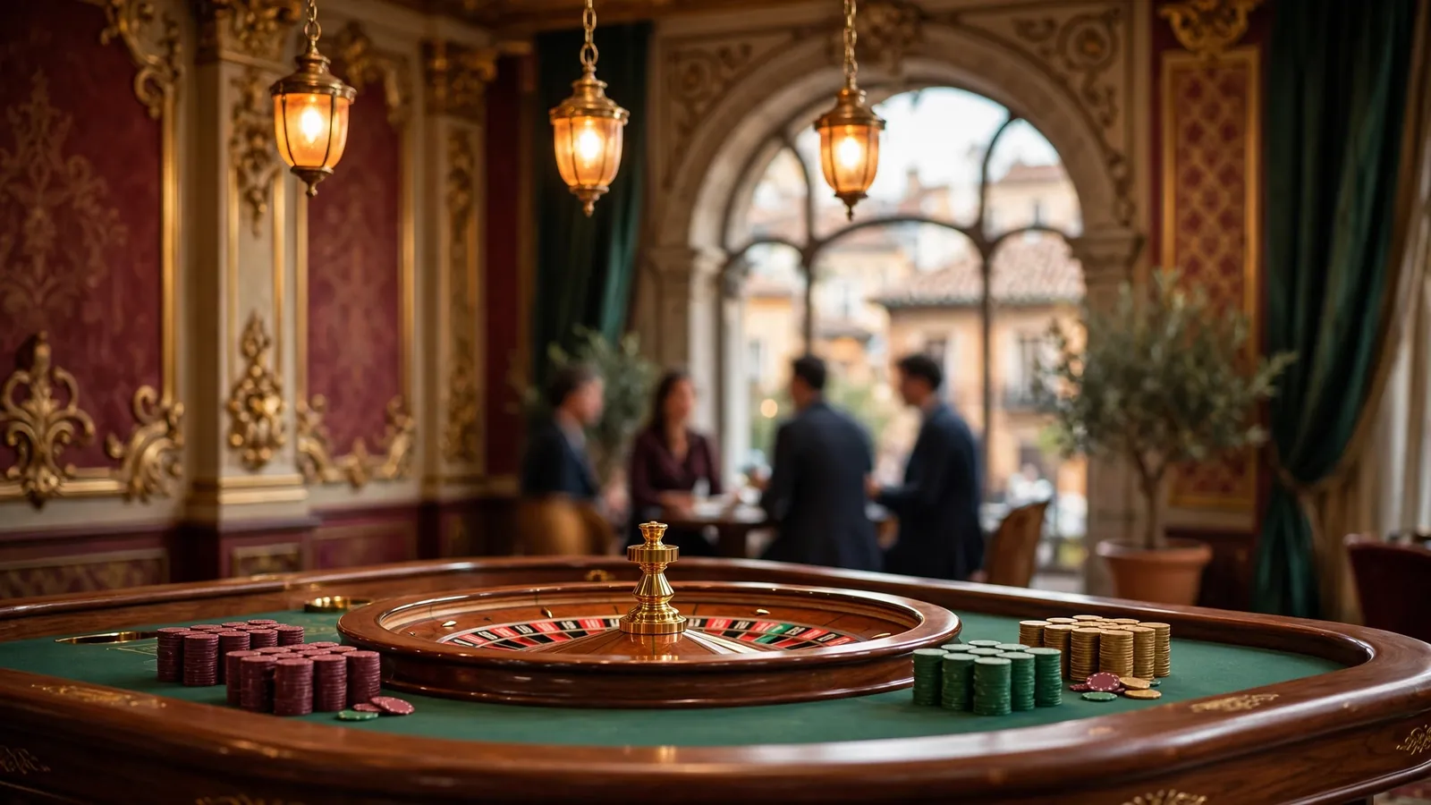 Interior elegante de un casino en España con mesa de ruleta y fichas