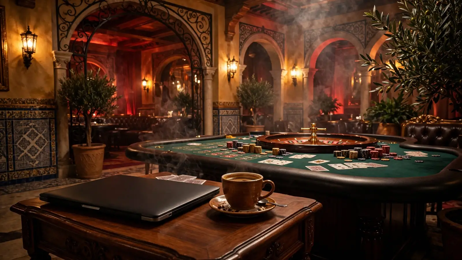 Elegante mesa de ruleta en un casino internacional iluminado tenuemente con portátiles y fichas