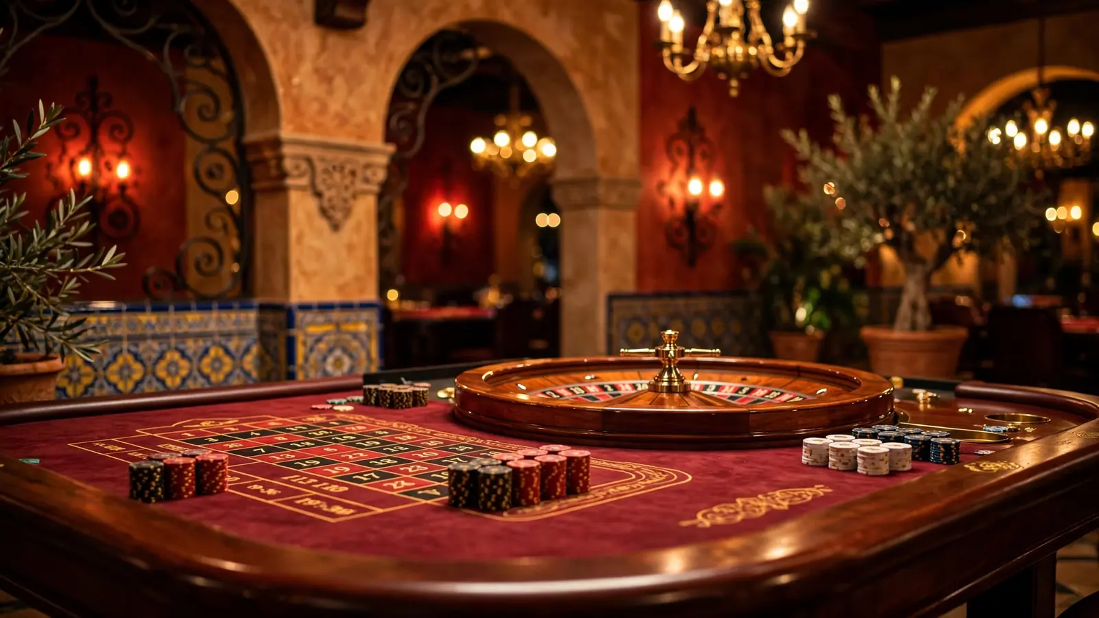 Mesa de ruleta elegante en un casino con fichas y luz dorada