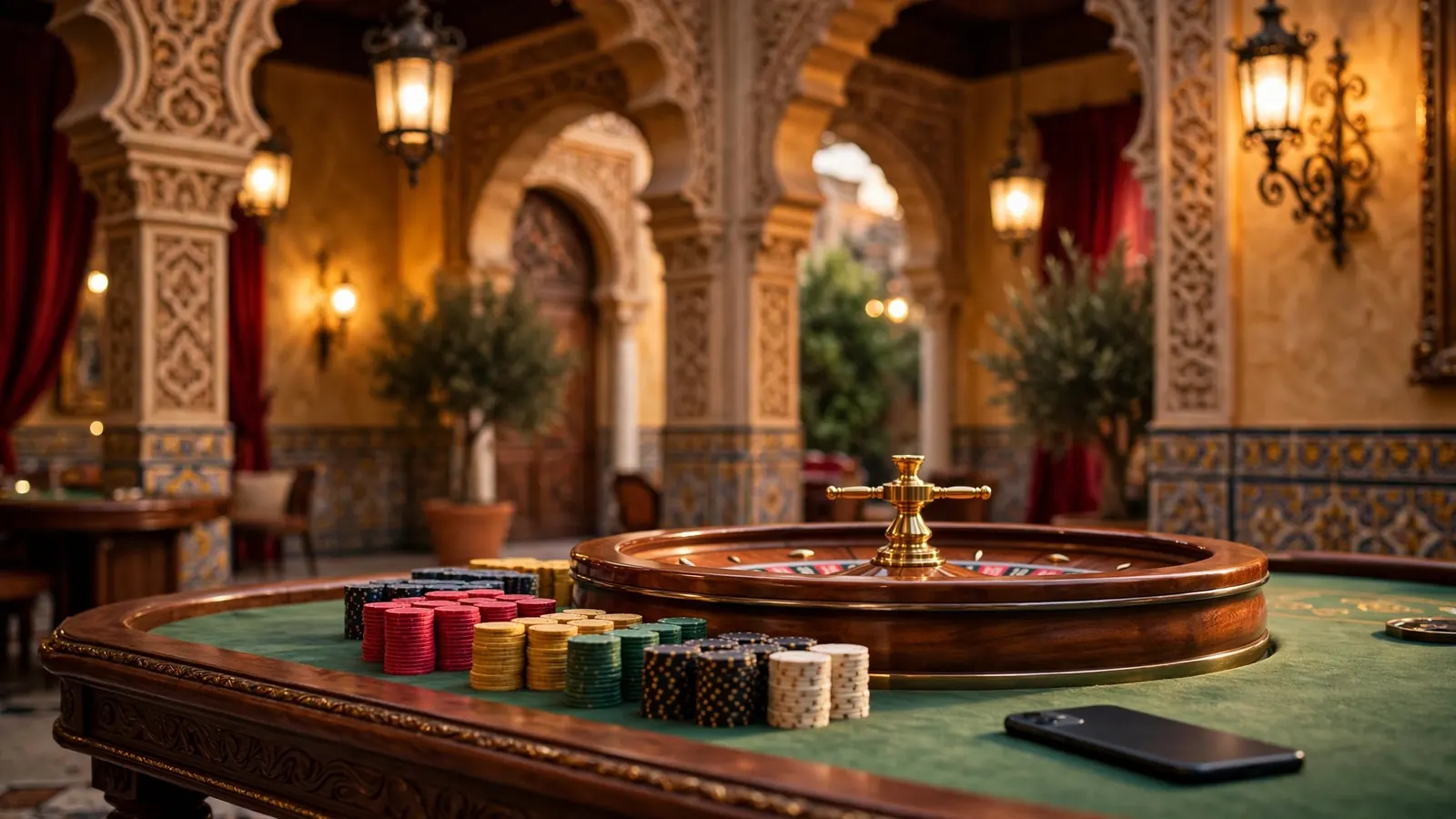 Mesa de ruleta elegante con fichas apiladas en un casino español con iluminación dorada