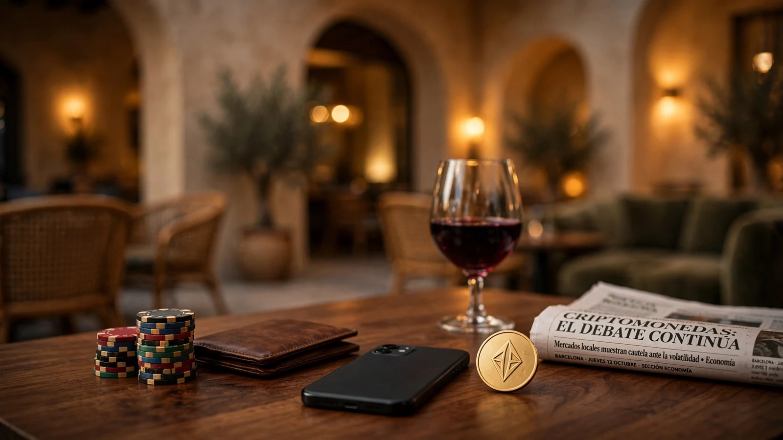 Mesa de casino español con fichas, moneda BNB y smartphone boca abajo