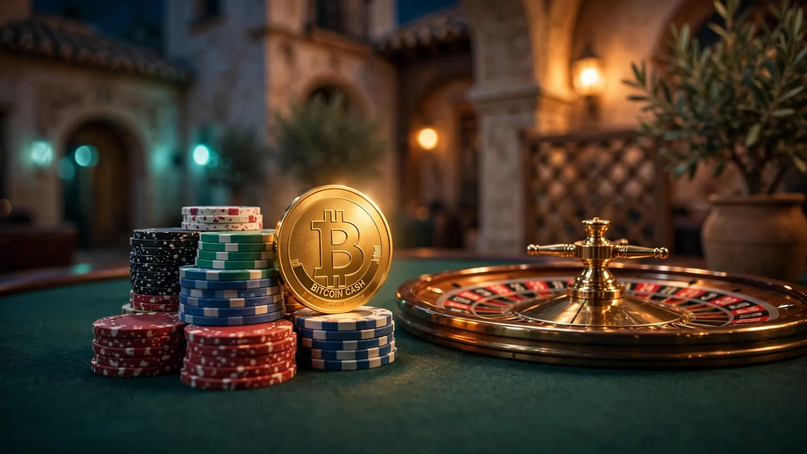 Fichas de casino y una moneda Bitcoin Cash brillante sobre una mesa de ruleta.