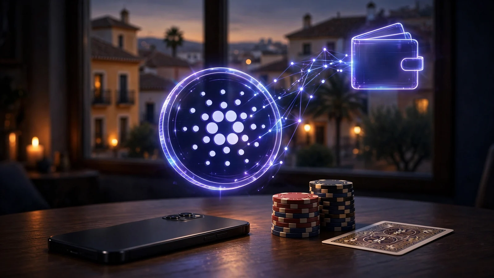 Monedero Cardano ADA con fichas de casino y teléfono en mesa
