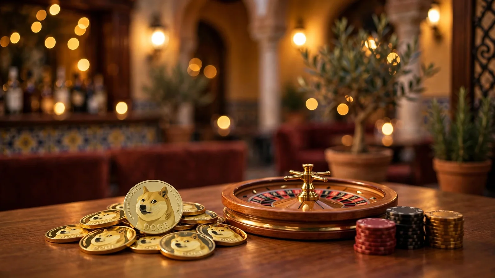 Monedas de Dogecoin junto a una ruleta de casino en un ambiente nocturno elegante español
