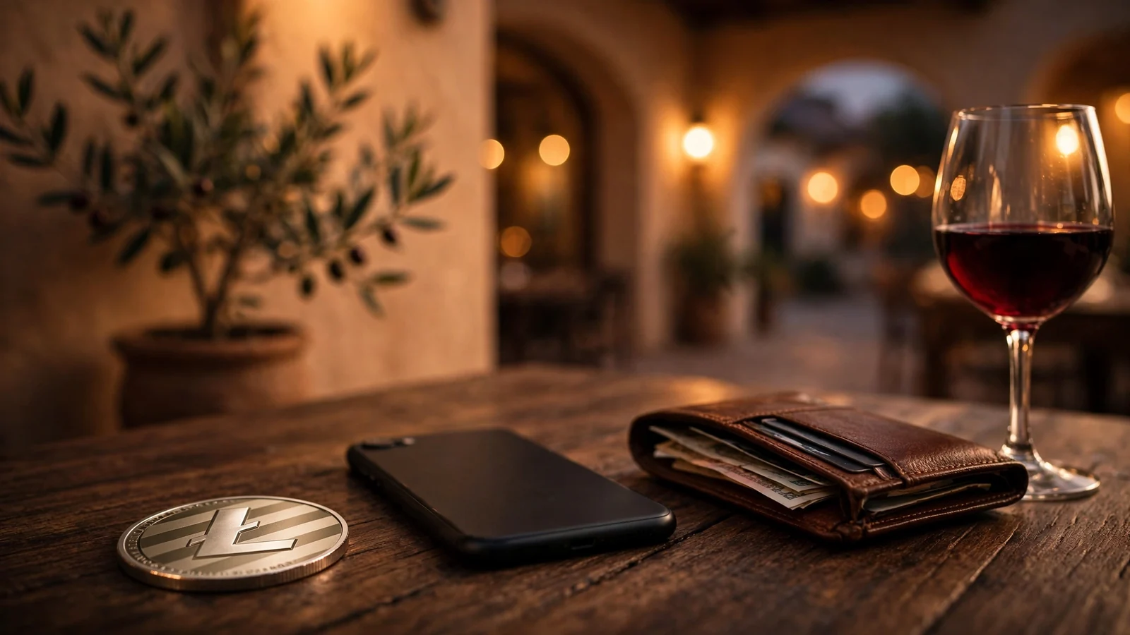 Moneda Litecoin junto a un teléfono y billetera sobre mesa oscura