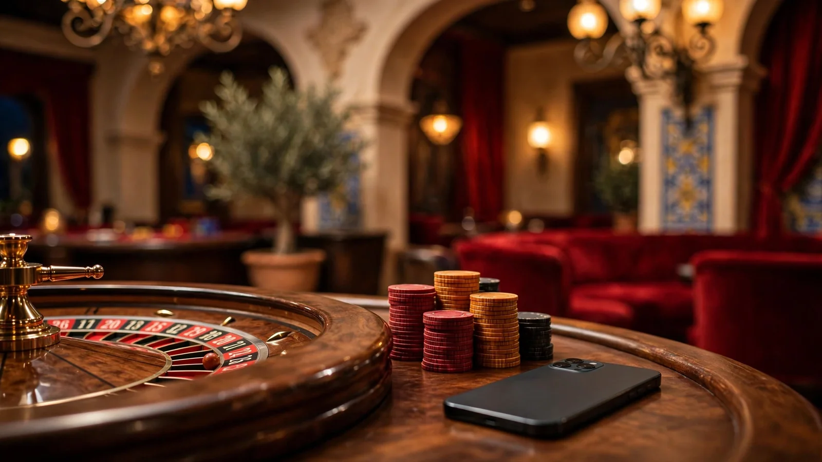 Mesa de casino con ruleta, fichas y teléfono móvil en ambiente español lujoso
