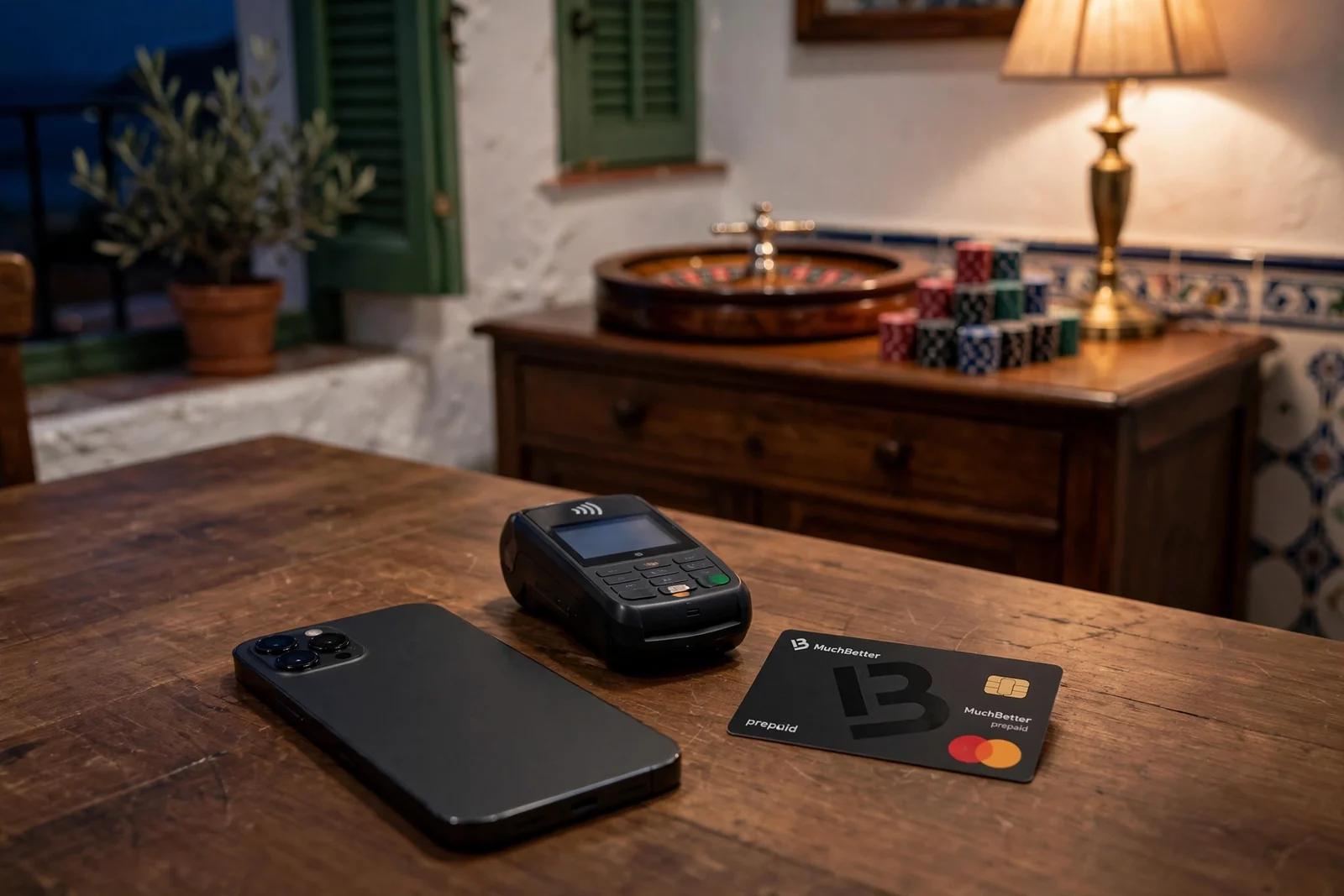 Teléfono móvil y monedero digital sobre mesa junto a ruleta y fichas de casino