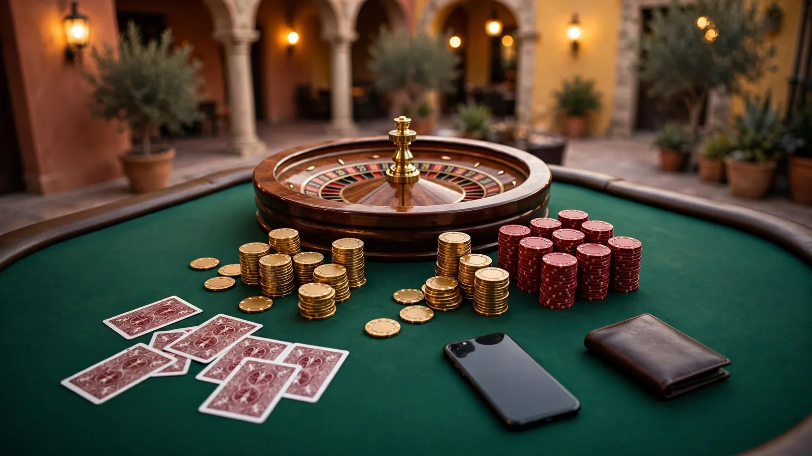 Mesa de casino con ruleta, fichas doradas, un teléfono boca abajo y billetera sobre fieltro verde con luz cálida.