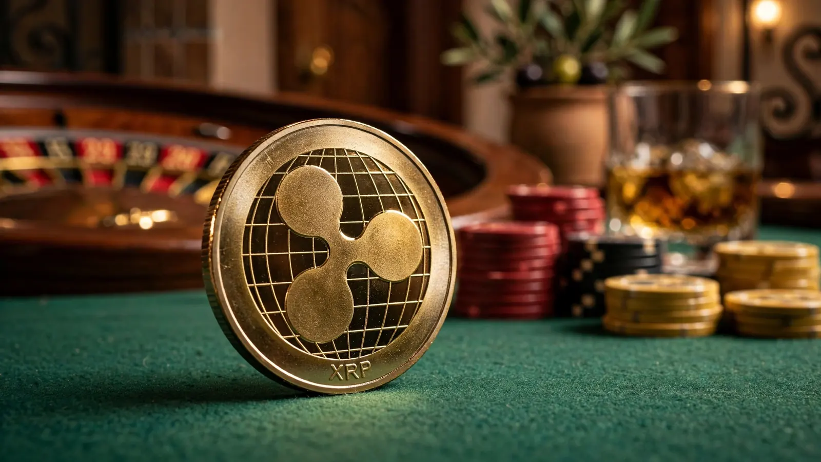 Moneda XRP sobre mesa de casino con fichas y ruleta al fondo