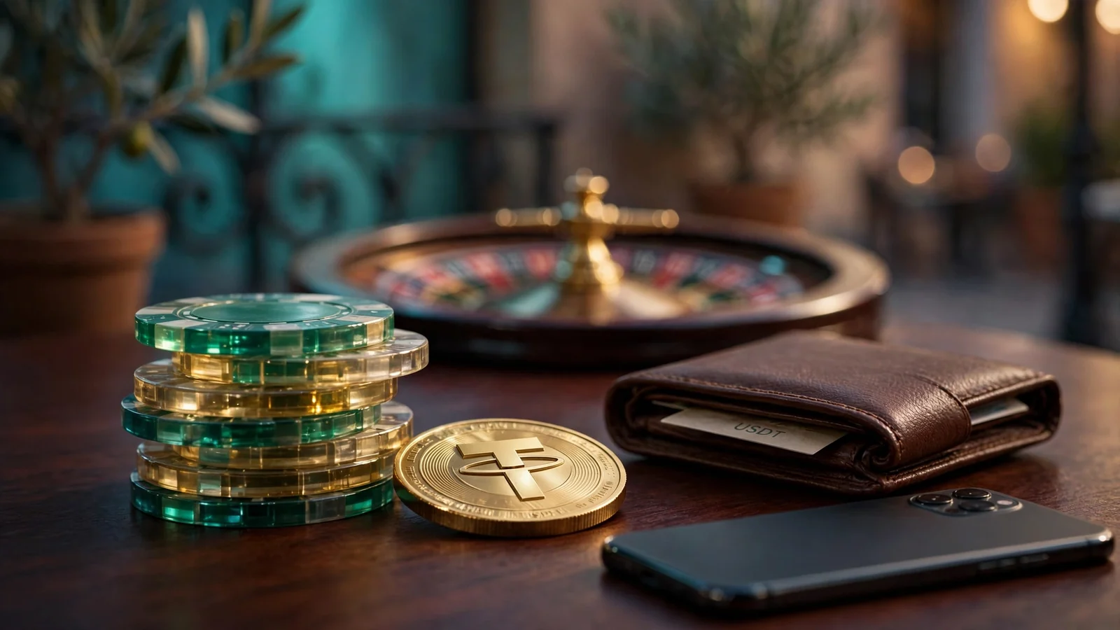 Fichas de casino, moneda dorada de Tether USDT y ruleta de fondo