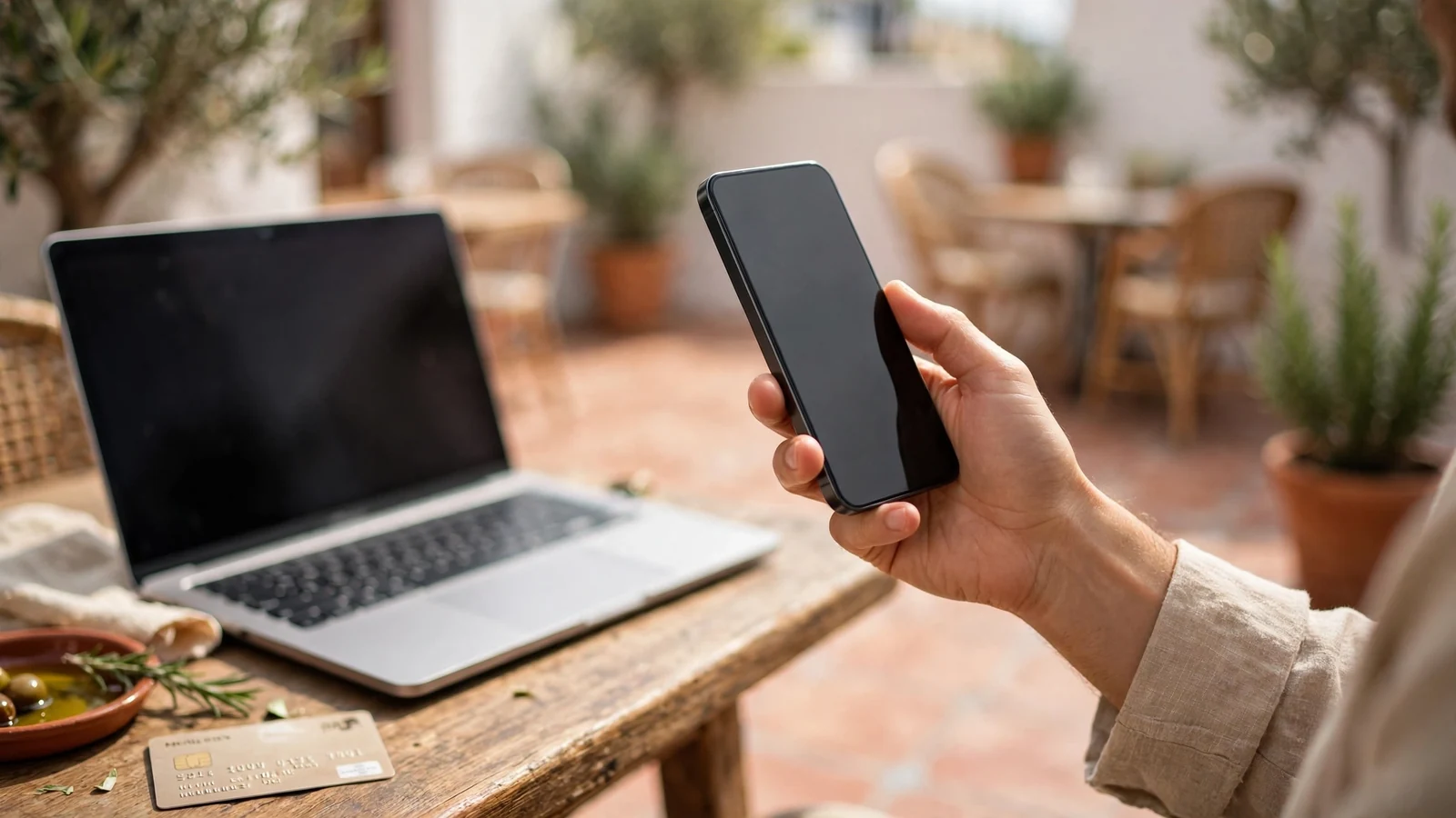 Mano sosteniendo un smartphone junto a una tarjeta y un portátil en una terraza española soleada
