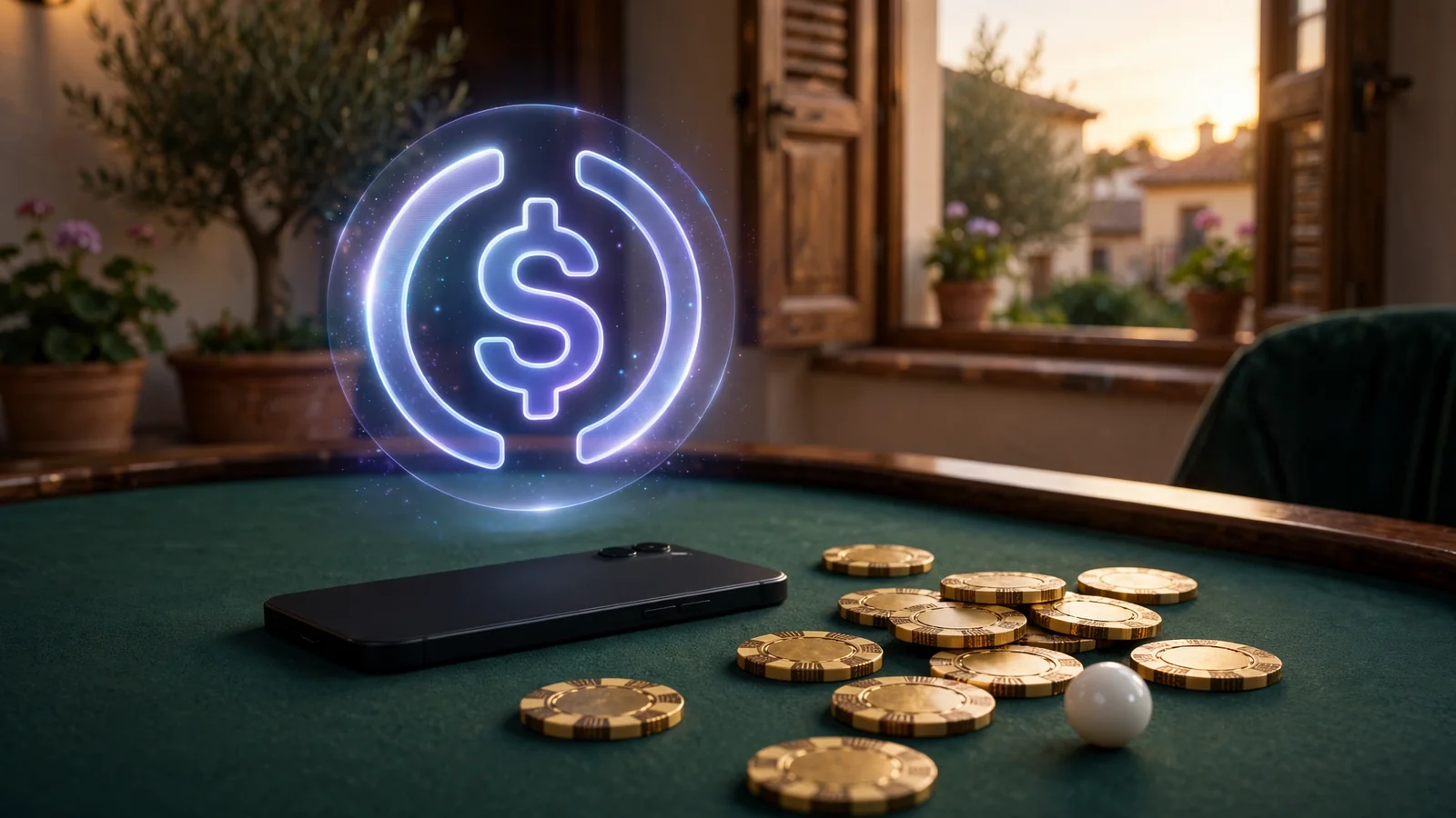 Móvil sobre mesa de casino con fichas y símbolo de USDC
