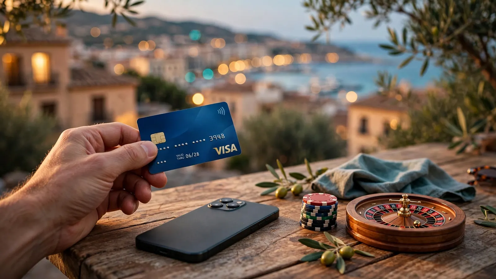 Mano con tarjeta Visa junto a fichas de casino en terraza española