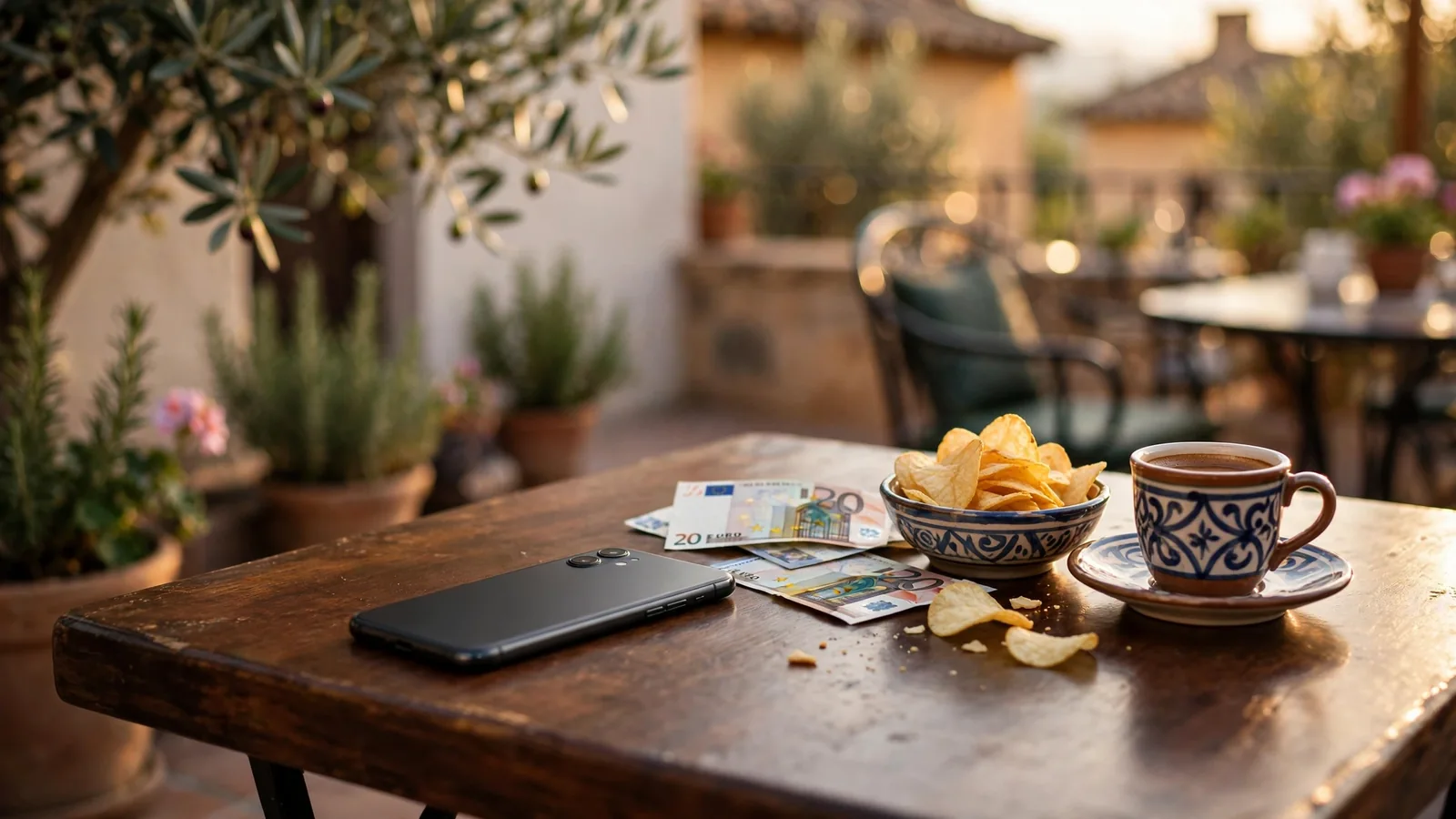 Teléfono con dinero rápido en terraza española soleada