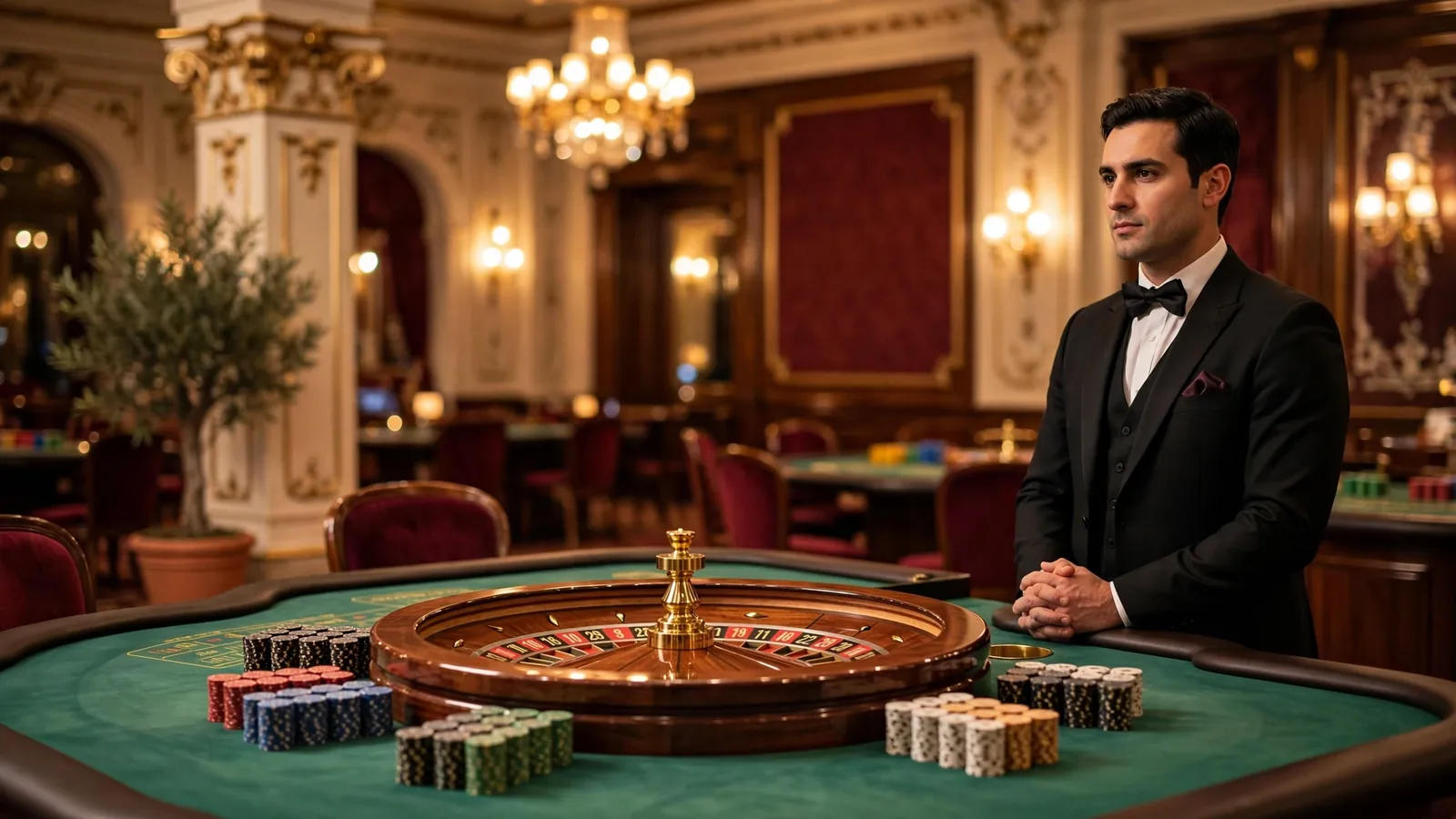 Interior de un casino elegante en España con mesa de ruleta y fichas