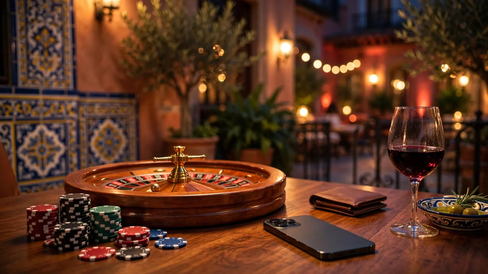 Mesa de casino con fichas y ruleta junto a un teléfono en ambiente nocturno español