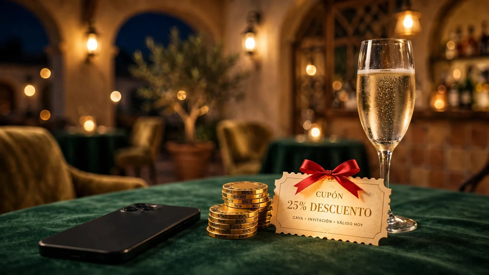 Teléfono boca abajo junto a fichas doradas y cupón sobre mesa de fieltro verde en ambiente español nocturno