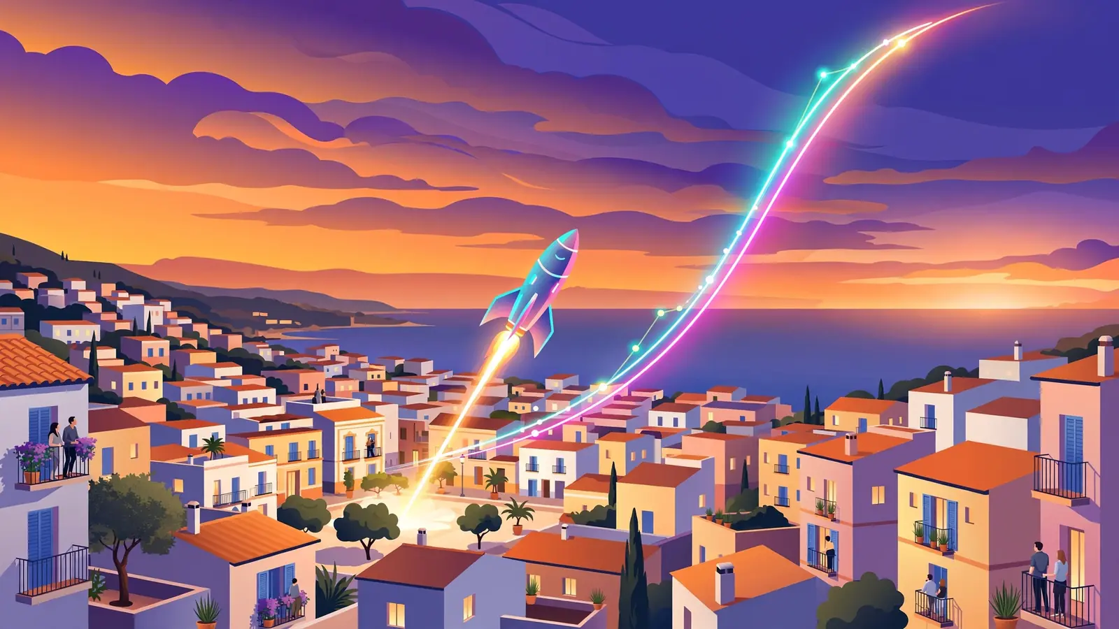 Cohete despegando con multiplicador creciente sobre el skyline de una ciudad española