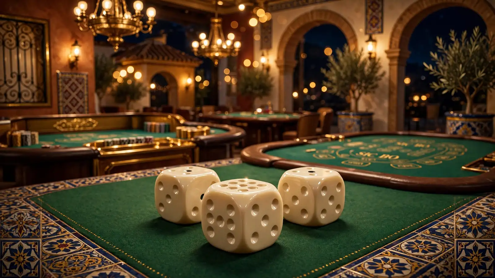 Mesa de casino española con dados de marfil sobre fieltro verde