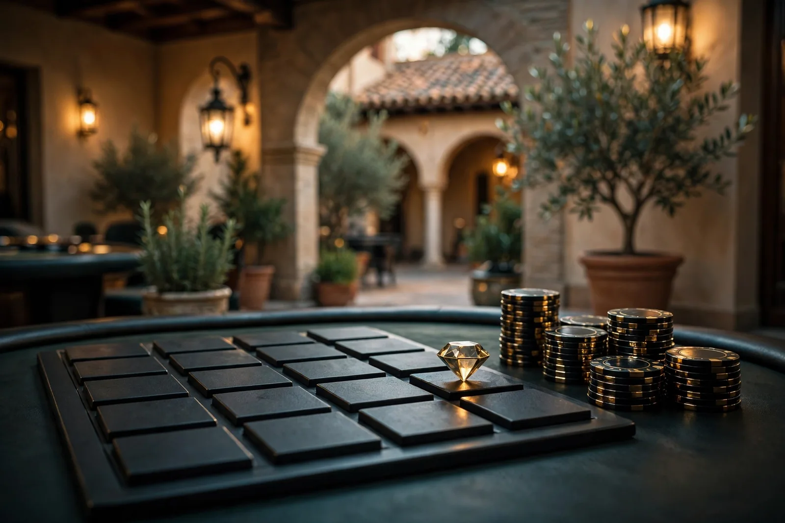 Tablero de Mines con fichas de casino en un casino moderno