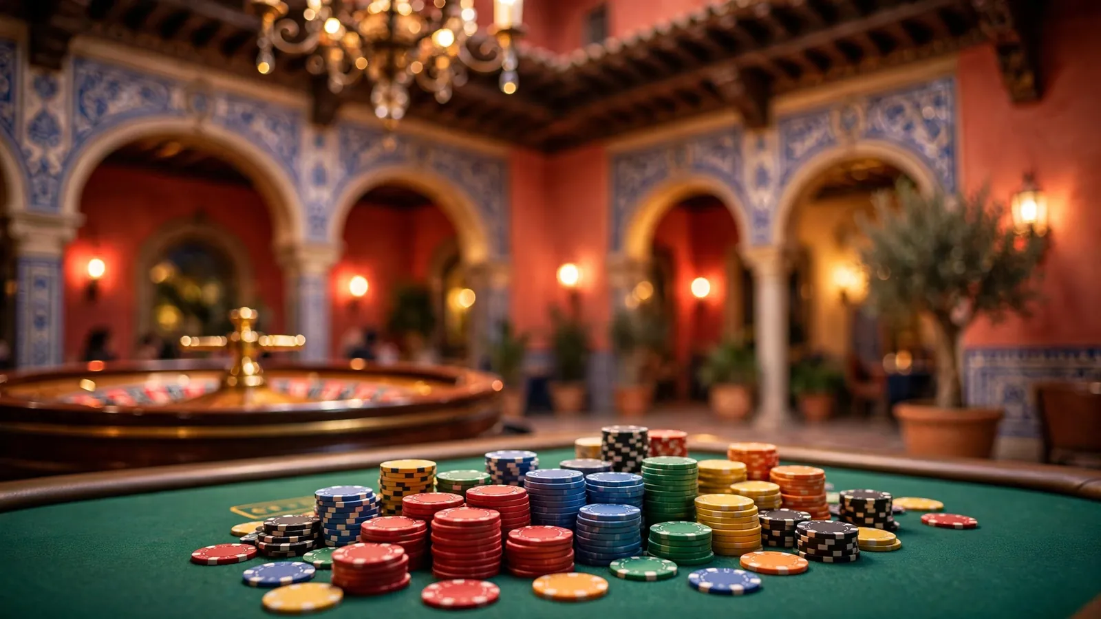 Mesa de casino con fichas de colores y ruleta en salón elegante español