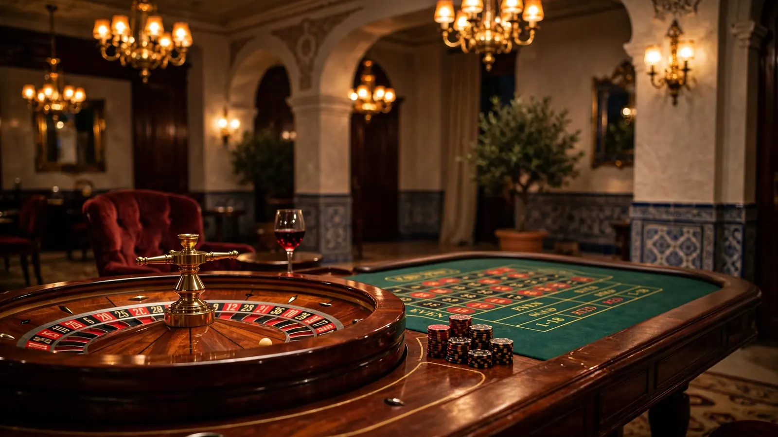 Mesa de ruleta elegante en un casino español con fichas doradas y luz cálida.