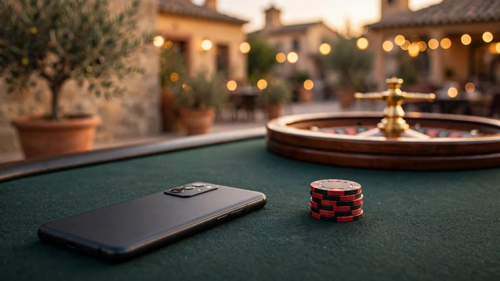 Teléfono Android sobre una mesa de casino con fichas y ruleta