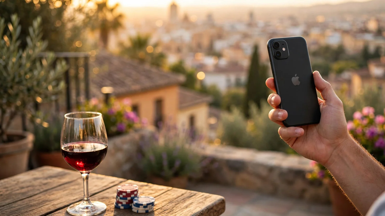 Mano sosteniendo un iPhone en una terraza con fichas de casino