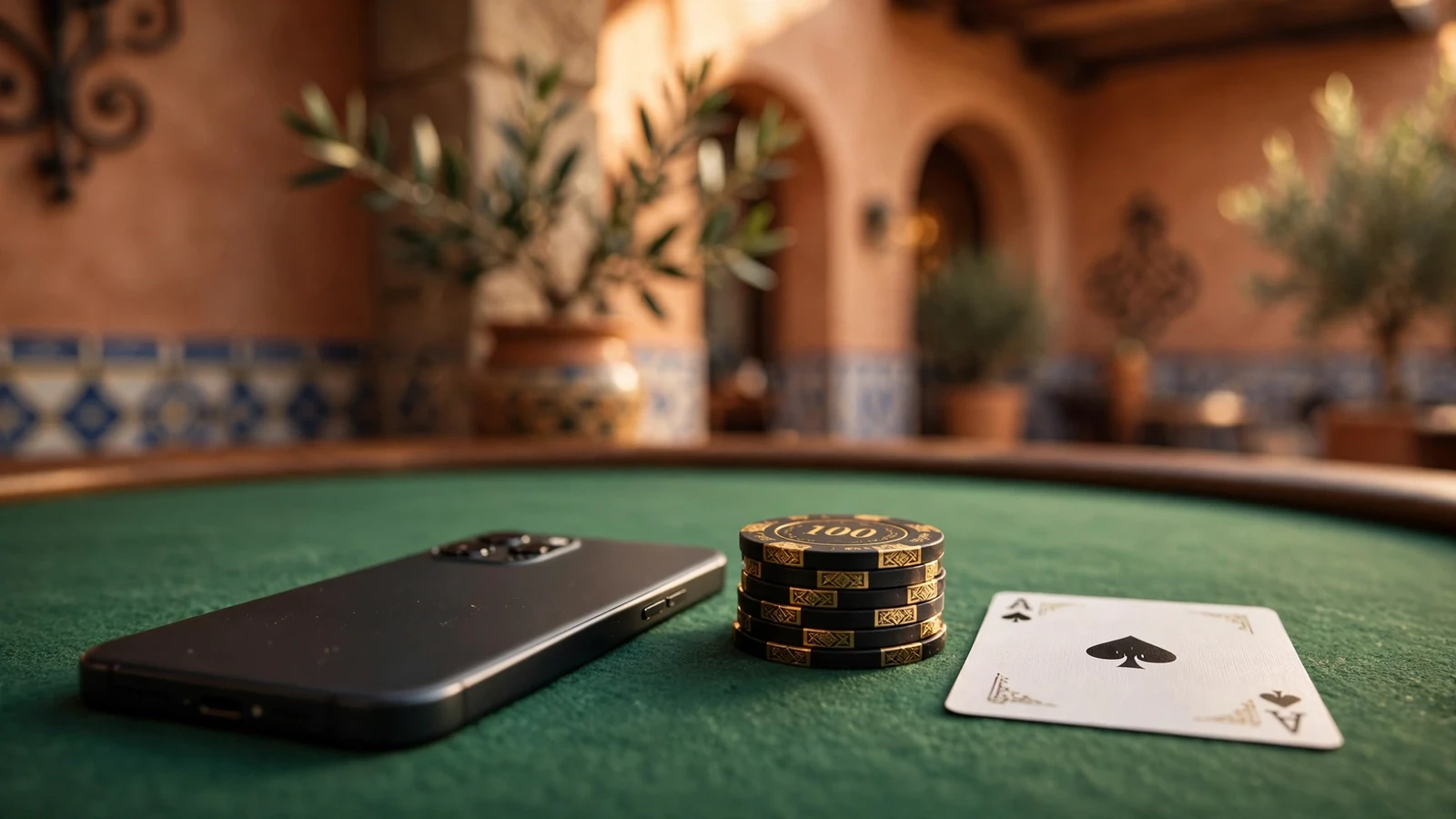 Móvil sobre mesa de casino con fichas y carta, luz dorada elegante