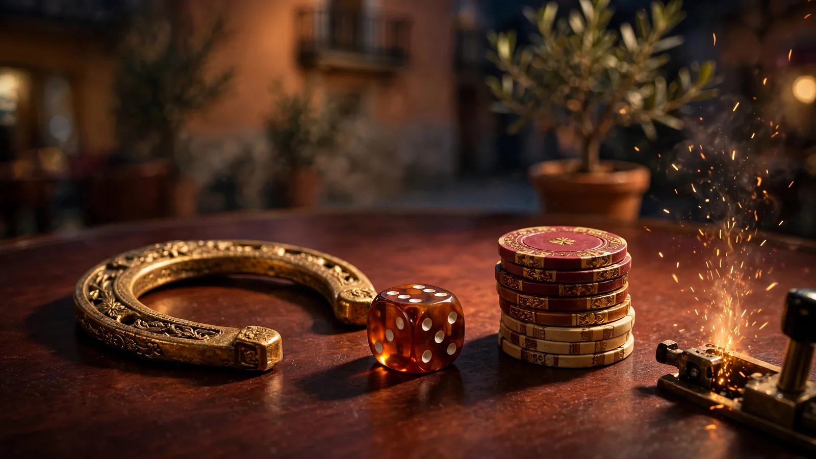 Dramática escena de mesa de casino con herradura dorada y fichas iluminadas
