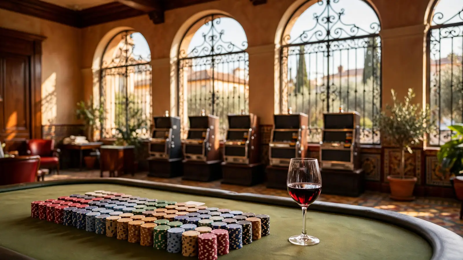 Salón elegante de casino español con luz dorada, fichas de póquer ordenadas y tragaperras clásicas al fondo.