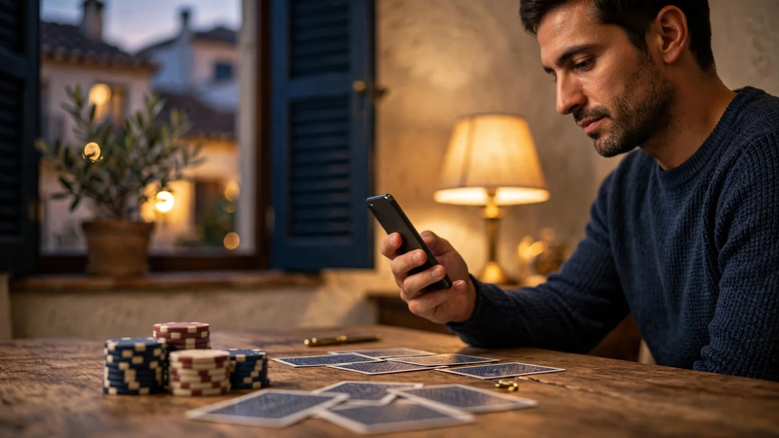Persona con teléfono junto a fichas de casino y cartas en un escritorio iluminado