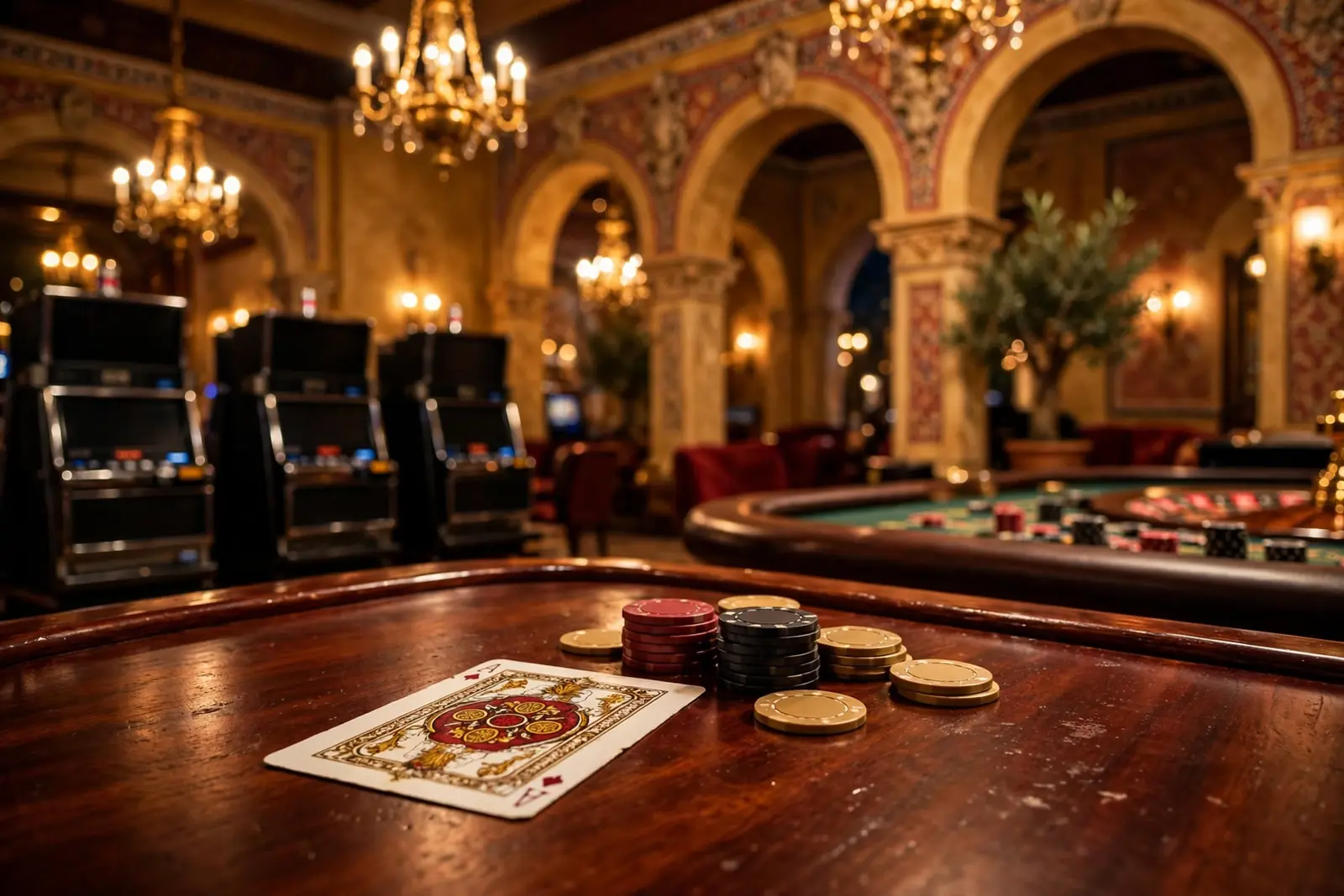 Interior lujoso de casino español con luces cálidas y ambiente elegante