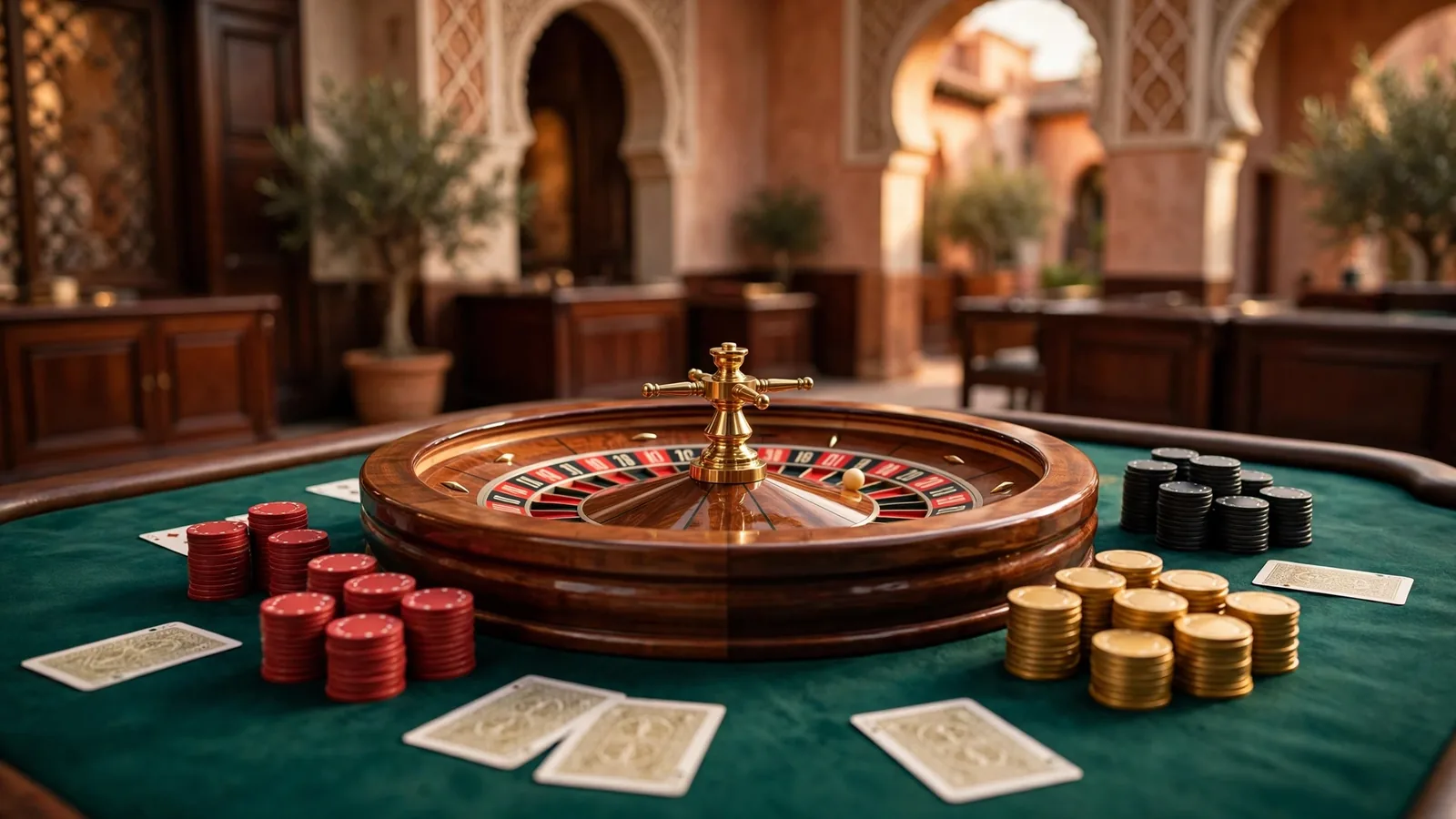Mesa de ruleta elegante con fichas doradas bajo luz cálida mediterránea