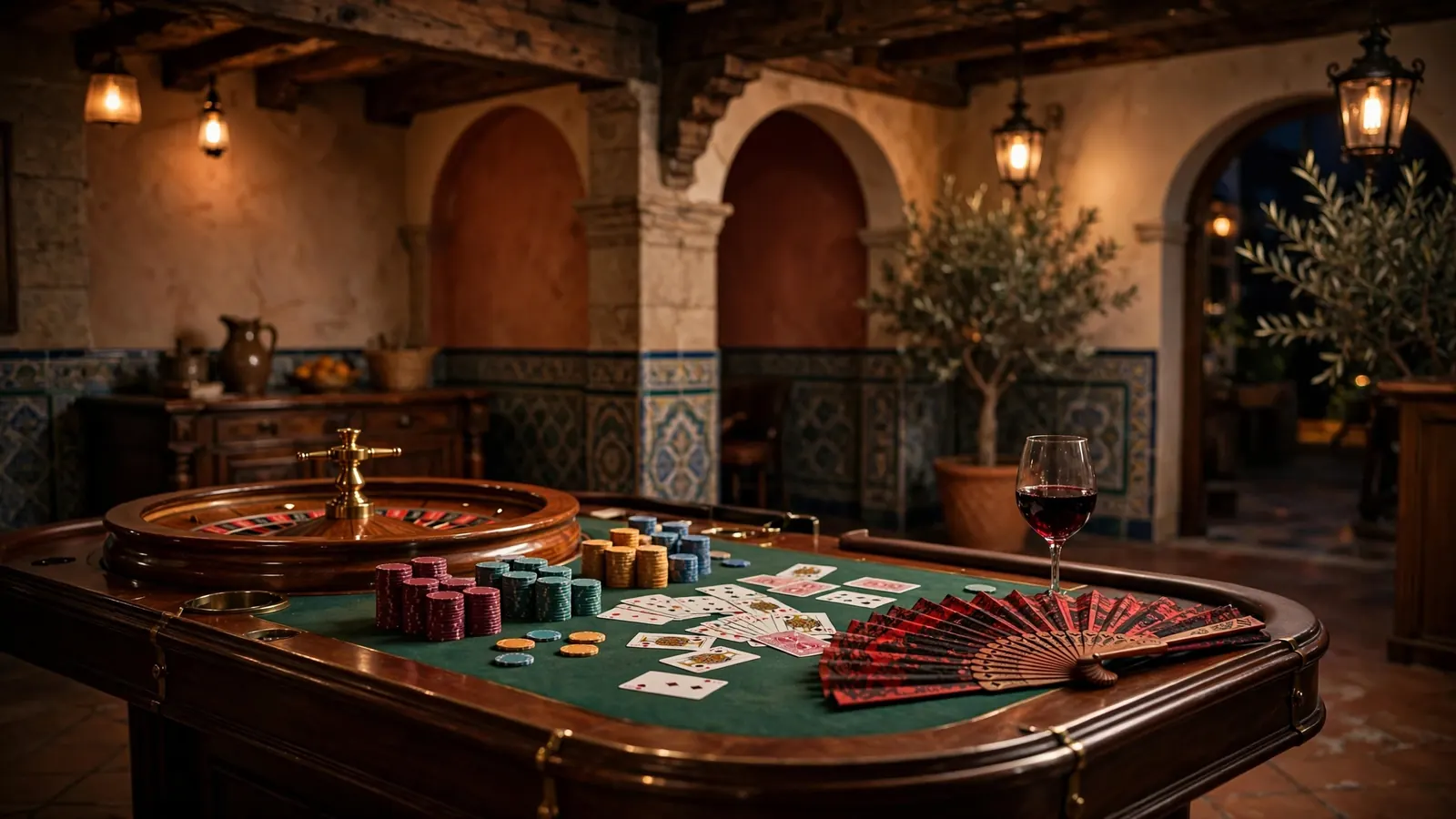 Mesa de ruleta elegante con fichas y cartas en salón de casino español