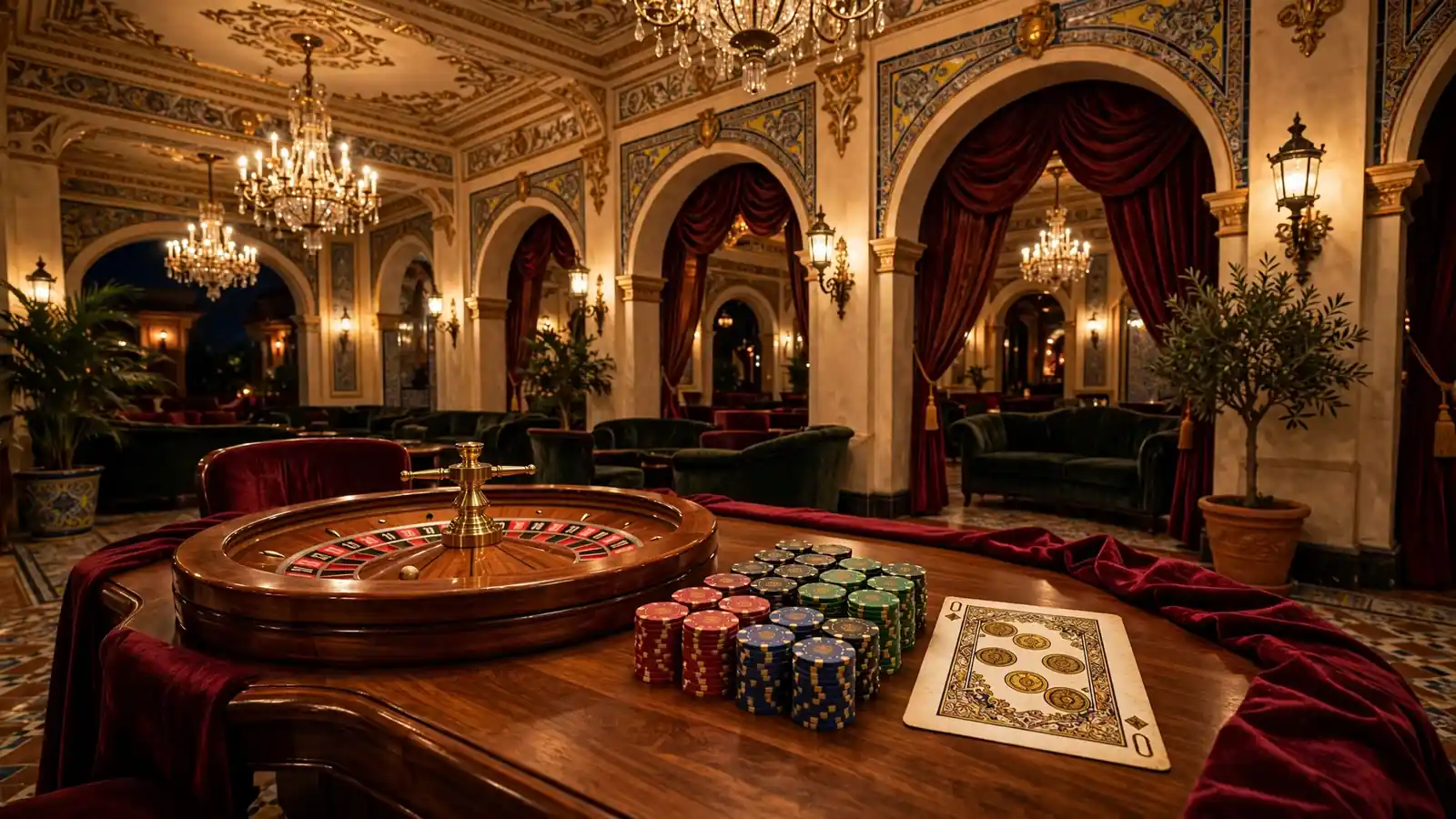 Elegante salón de casino español con ruleta y fichas iluminadas con luz dorada