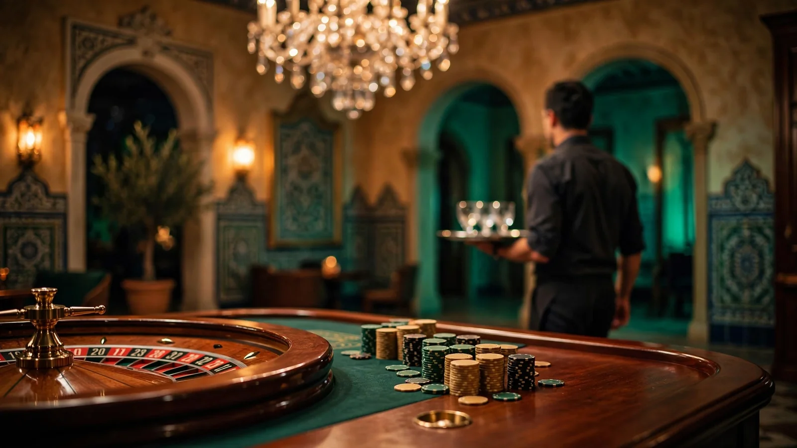 Elegante salón de casino español con mesa de ruleta y fichas