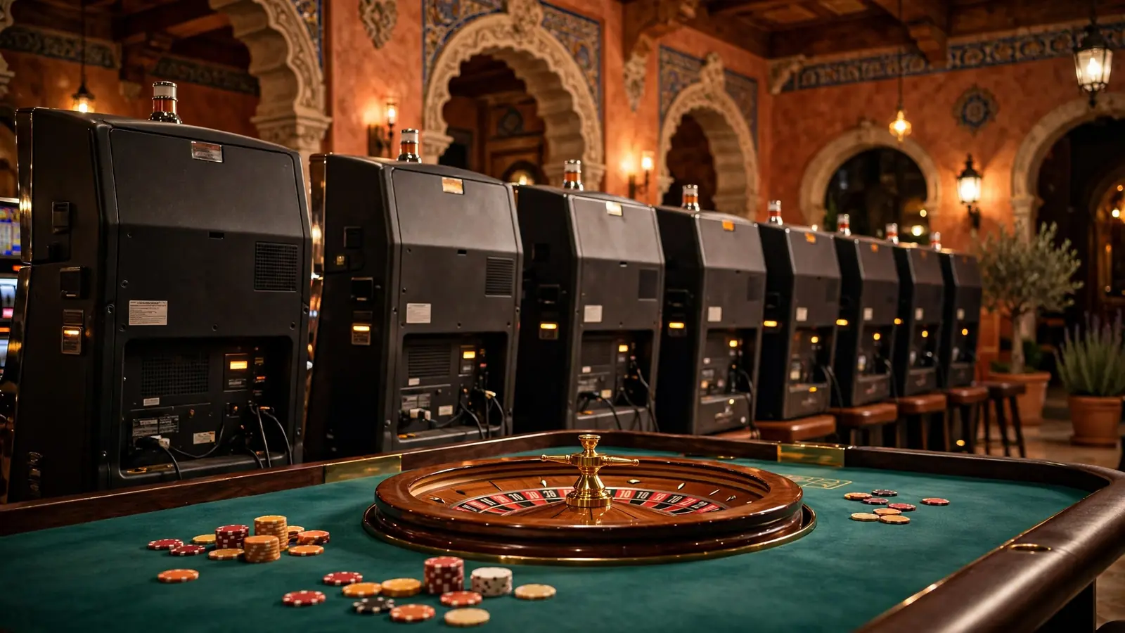 Interior elegante de casino español con máquinas tragaperras iluminadas
