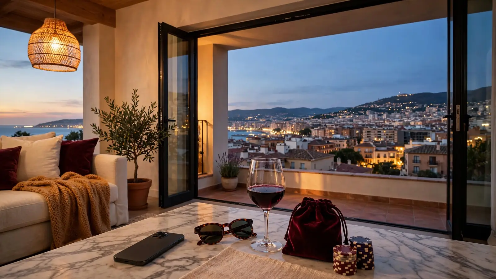 Salón español moderno con fichas de casino, smartphone y vino sobre la mesa al atardecer mediterráneo.