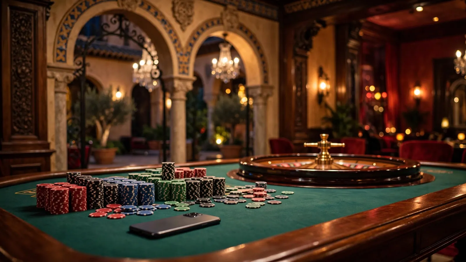 Elegante sala de casino español con fichas y ruleta iluminada con luz cálida