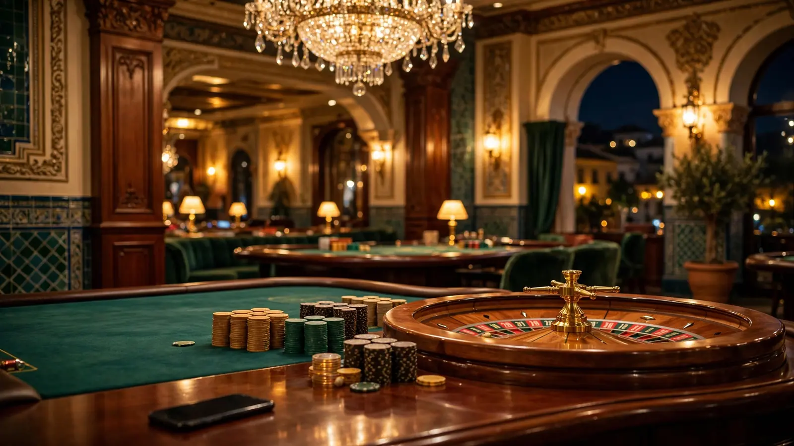 Elegante interior de casino español con mesa de ruleta y fichas doradas